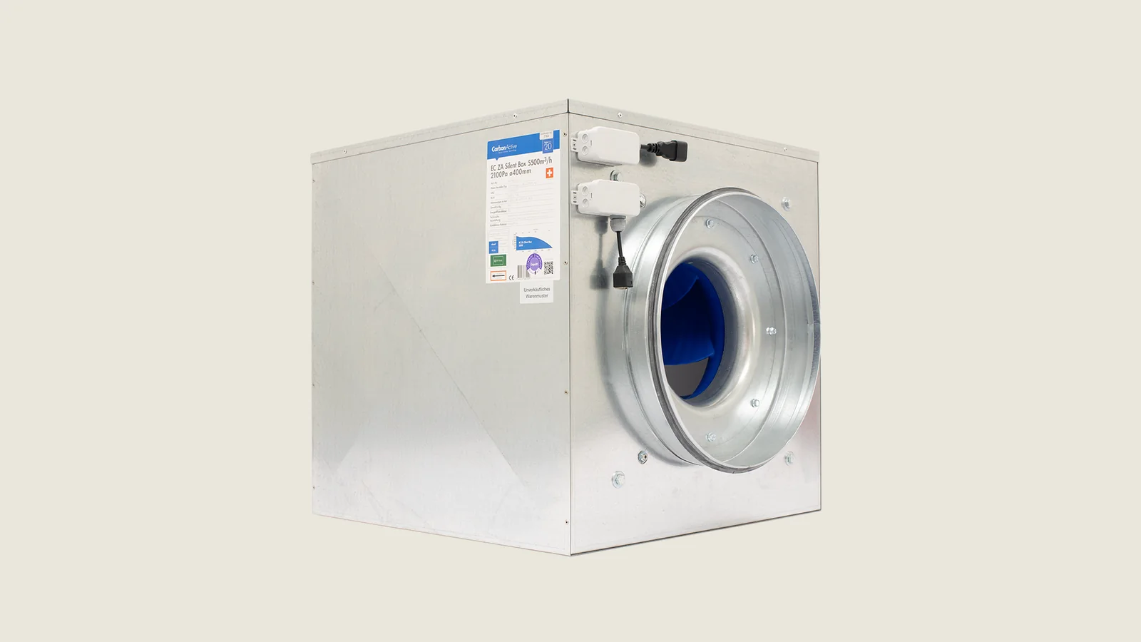 EC-Ventilatorbox: verzinktes Gehäuse mit rundem Anschlussstutzen, blauem Laufrad und zwei außenliegenden Anschlussdosen